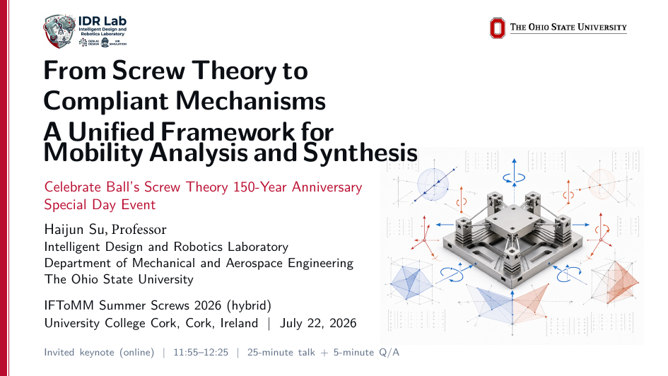 Title slide for the Summer Screws 2026 keynote on screw theory and compliant mechanisms